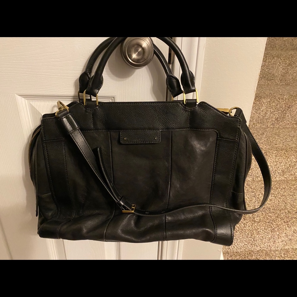 Fossil Black Leather Convertible Satchel Laptop Bag